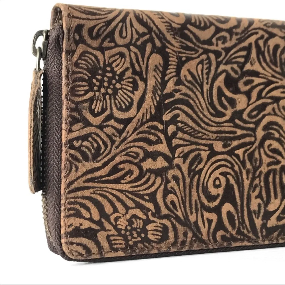 Embossed Floral Leather Zip Wallet - Brown and Black - Picture 6 of 8
